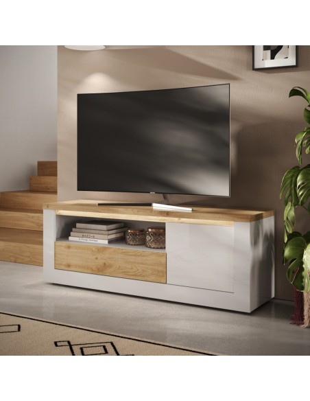 Porta TV 1 anta - 1 cassetto Capri Bianco laccato/Rovere kadiz