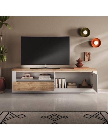 Porta TV 2 ante - 1 cassetto Capri Bianco laccato/Rovere kadiz