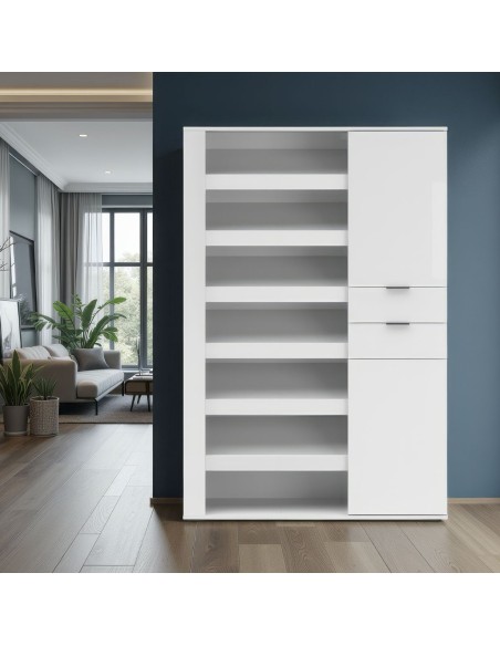 Scarpiera Boost 2 ante - 2 cassetti e ripiani a giorno Bianco lucido