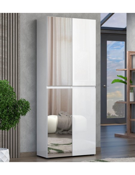 Armadio multiuso/scarpiera 2  ante a Specchio 11 ripiani Bianco laccato lucido