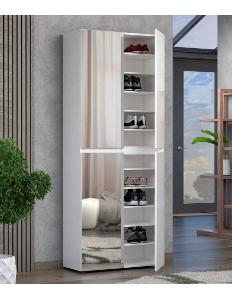 Armadio multiuso/scarpiera 2  ante a Specchio 11 ripiani Bianco laccato lucido