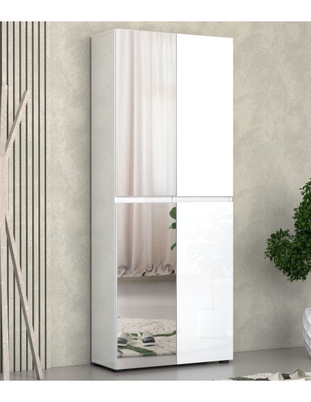 Armadio multiuso/scarpiera 2  ante a Specchio 11 ripiani Bianco laccato lucido