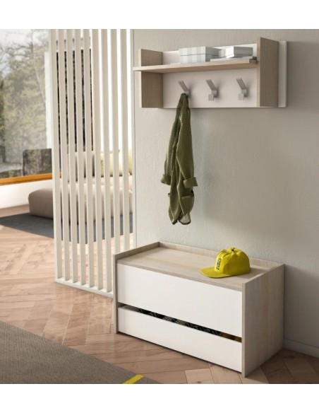 Composizione ingresso Baule con mensola appendiabiti Bianco/Rovere