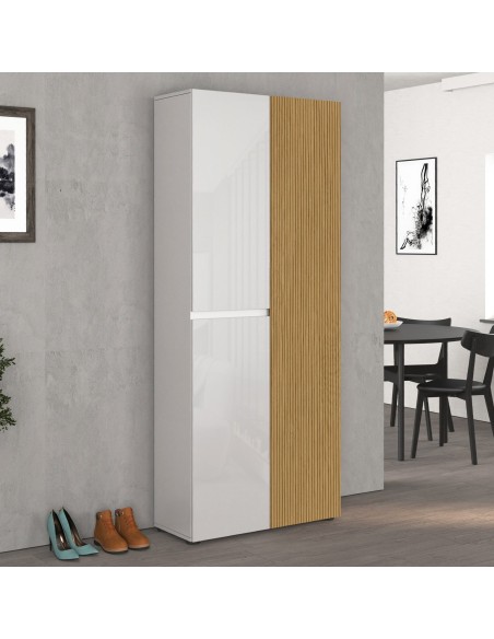 Armadio multiuso scarpiera ingresso 3 ante alto bianco laccato lucido rovere rigato cannettato