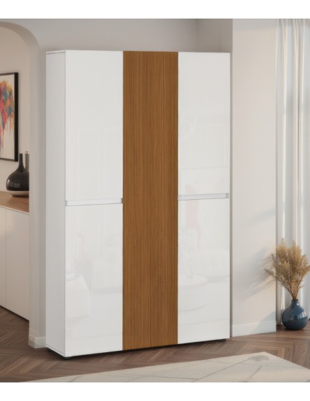 Armadio multiuso scarpiera 5 ante bianco laccato lucido / rovere rigato