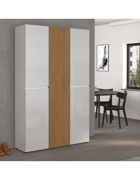 Armadio multiuso scarpiera 5 ante bianco laccato lucido / rovere rigato