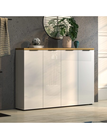 Scarpiera mobile ingresso 4 ante Bianco lucido/top rovere castagno
