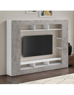 Parete soggiorno attrezzata bianco lucido/ grigio cemento