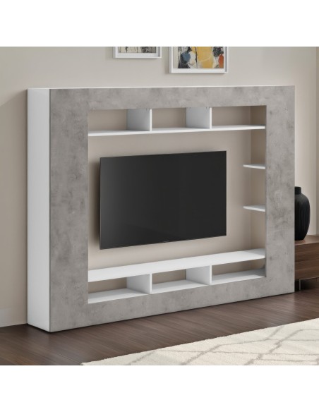 Parete soggiorno attrezzata bianco lucido/ grigio cemento