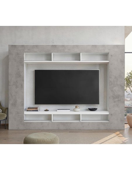 Parete soggiorno attrezzata bianco lucido/ grigio cemento