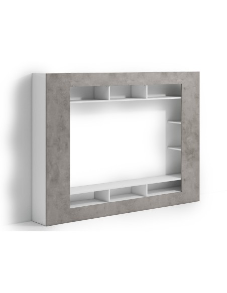 Parete soggiorno attrezzata bianco lucido/ grigio cemento