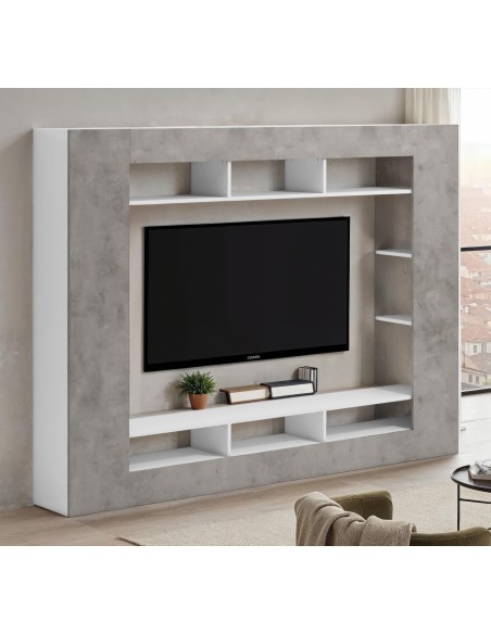 Parete soggiorno attrezzata bianco lucido/ grigio cemento