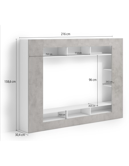 Parete soggiorno attrezzata bianco lucido/ grigio cemento