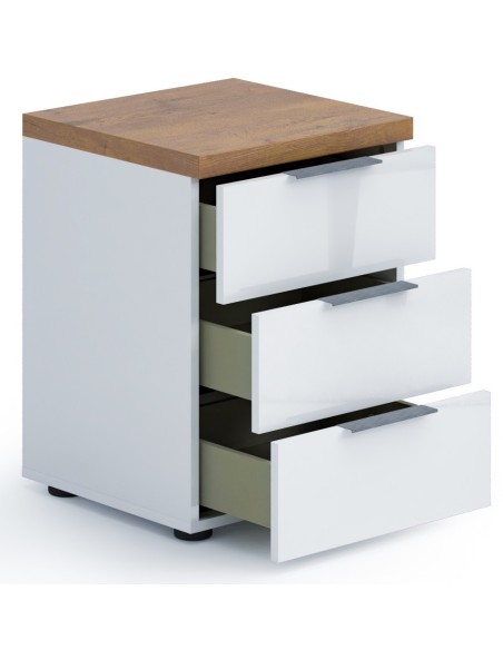 comodino 3 cassetti bianco laccato lucido rovere