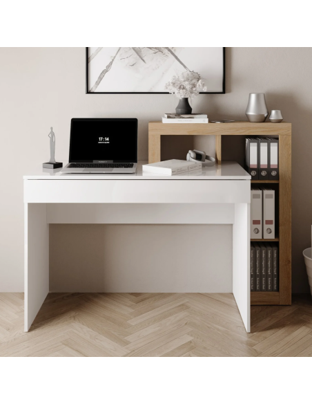scrivania 1 cassetto con libreria cm 138 bianco lucido/ rovere
