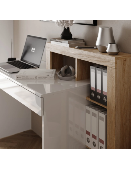 scrivania 1 cassetto con libreria cm 138 bianco lucido/ rovere