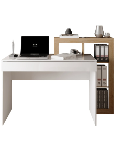 scrivania 1 cassetto con libreria cm 138 bianco lucido/ rovere