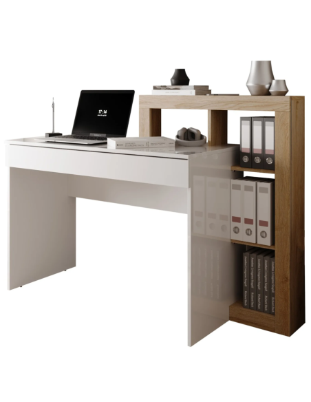 scrivania 1 cassetto con libreria cm 138 bianco lucido/ rovere