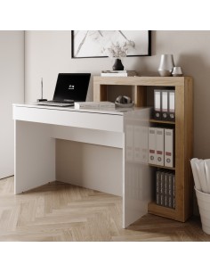 scrivania 1 cassetto con libreria cm 138 bianco lucido/ rovere