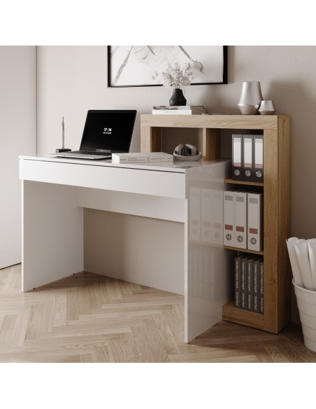 scrivania 1 cassetto con libreria cm 138 bianco lucido/ rovere