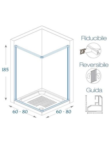 Box doccia 2 lati in resina con apertura centrale 80-60 x 80-60