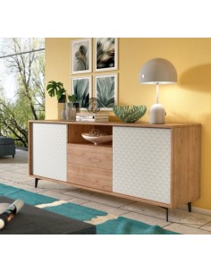 Credenza 2 ante 2 cassetti con effetto 3D Rovere/Bianco