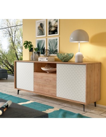 Credenza 2 ante 2 cassetti con effetto 3D Rovere/Bianco