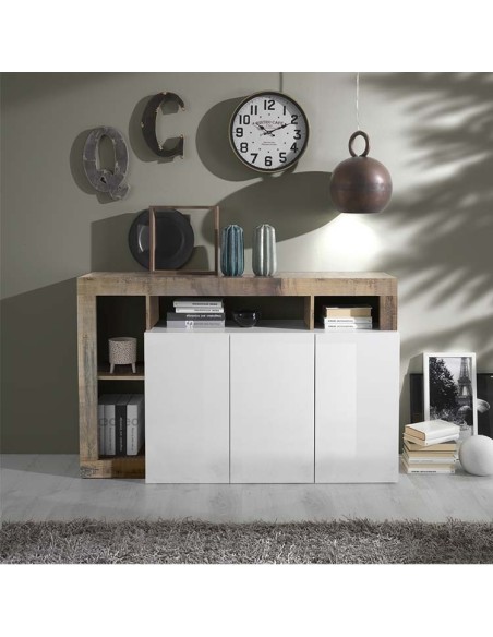 Madia 3 ante con vani a giorno Bianco Laccato /Pero