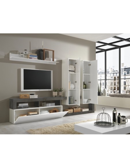 Parete soggiorno 1 Ribalta - 2 Pensili  - 1 Mensola Bianco Laccato / Ossido