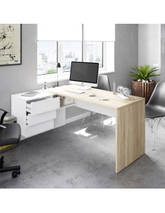 Scrivania angolare con 3 cassetti / 1 vano  Bianco / Rovere
