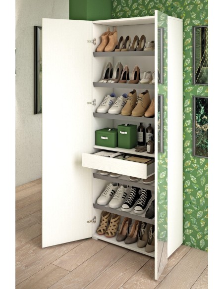 Scarpiera con specchio 2 ante / 1 cassetto Cemento / Bianco