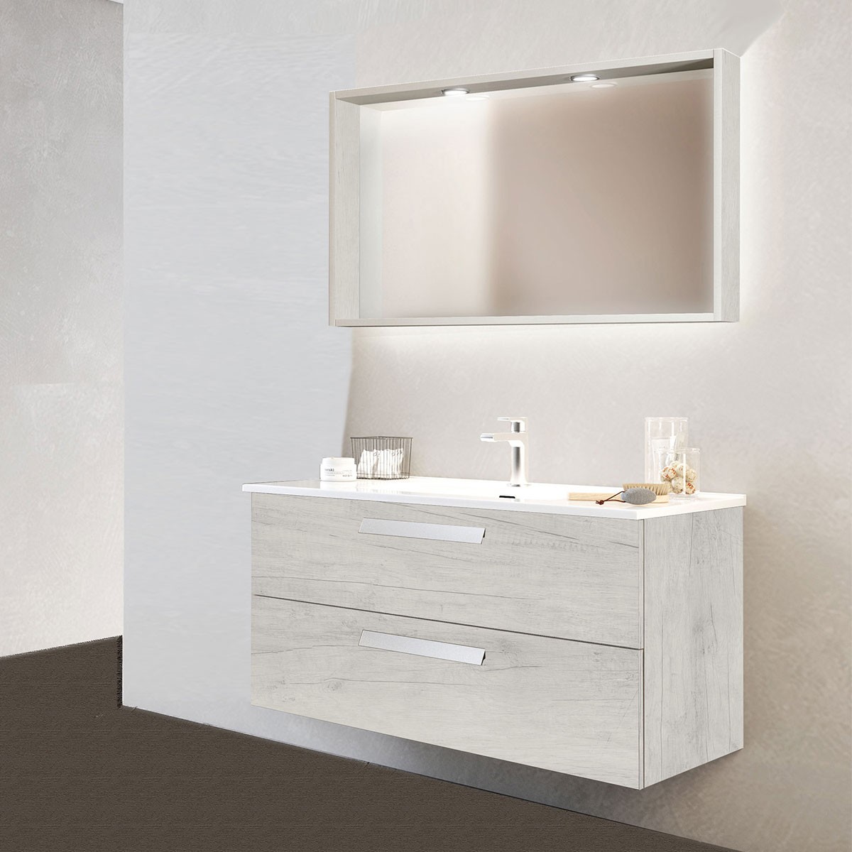006301 - Mobile bagno sospeso 90 cm base doppio cassettone e lavabo CUBE2  Quercia Bianco 